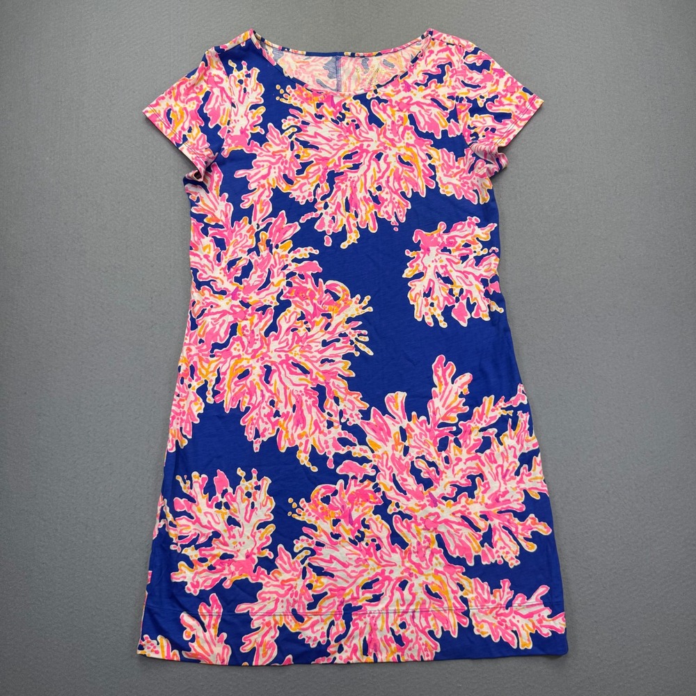 Lilly Pulitzer Blue Pink Coral Pima Cotton T-Shirt Dress 25981 Womens Medium